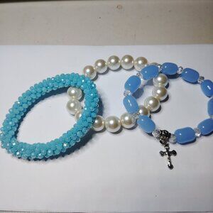 Lot of 3 Stretch Bracelets Glass Beads Faux Pearls Crucifix Dangle Sparkle